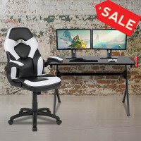 Flash Furniture BLN-X10D1904-WH-GG Black Gaming Desk and White/Black Racing Chair Set with Cup Holder, Headphone Hook & 2 Wire Management Holes
